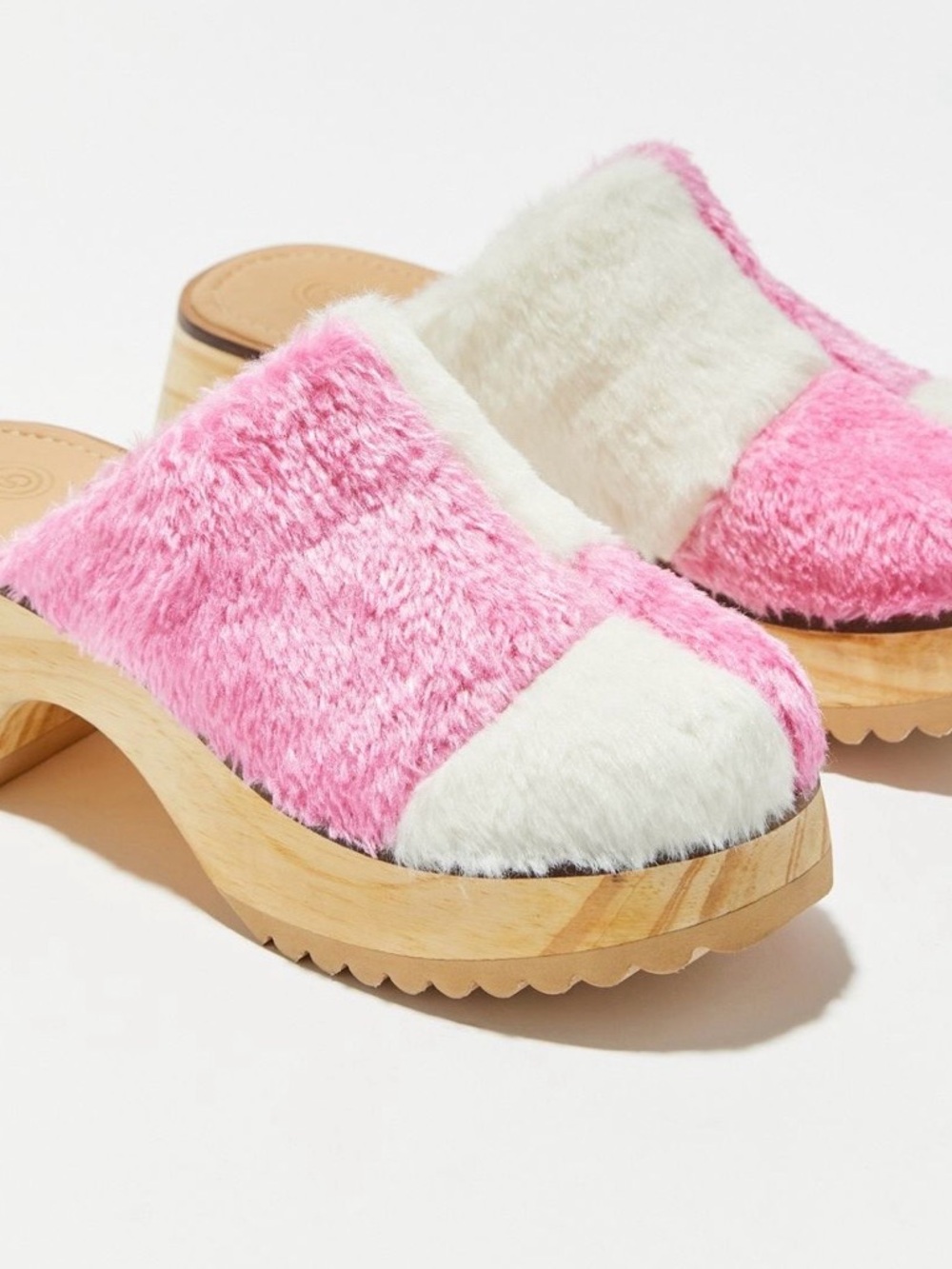 Urban Outfitters Pink & White Faux Fur Clog Mules